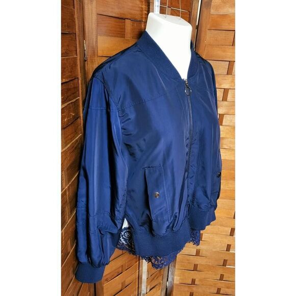 Laundry by Shelli Segal New Casual Lace-Trim Bomber Jacket Midnight Blue Size 14 - Picture 4 of 7